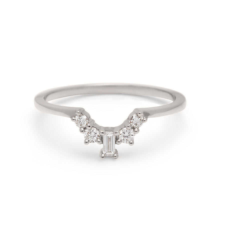 A white diamond baguette band with two round diamonds on either side set in white gold., White Gold