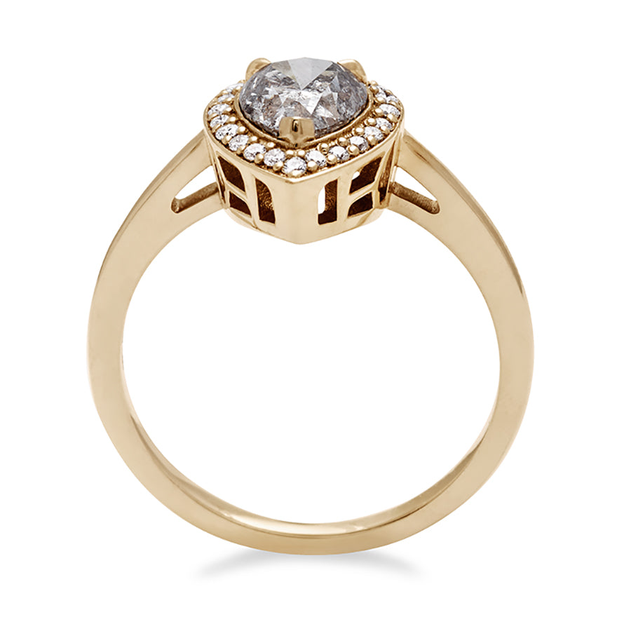 Pear Rosette Ring with pear shape grey diamond center and white diamond halo set in 14k recycled yellow gold. Yellow Gold