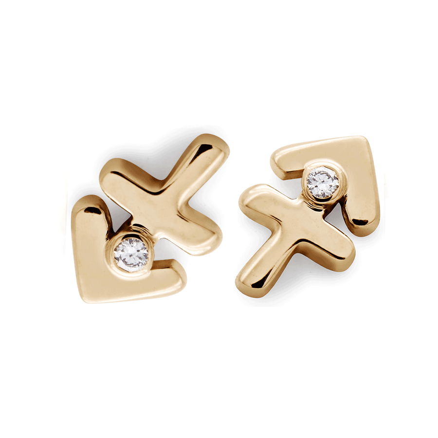A pair of Sagittarius stud earrings set in yellow gold with a white diamond accent stone with one earring angled.