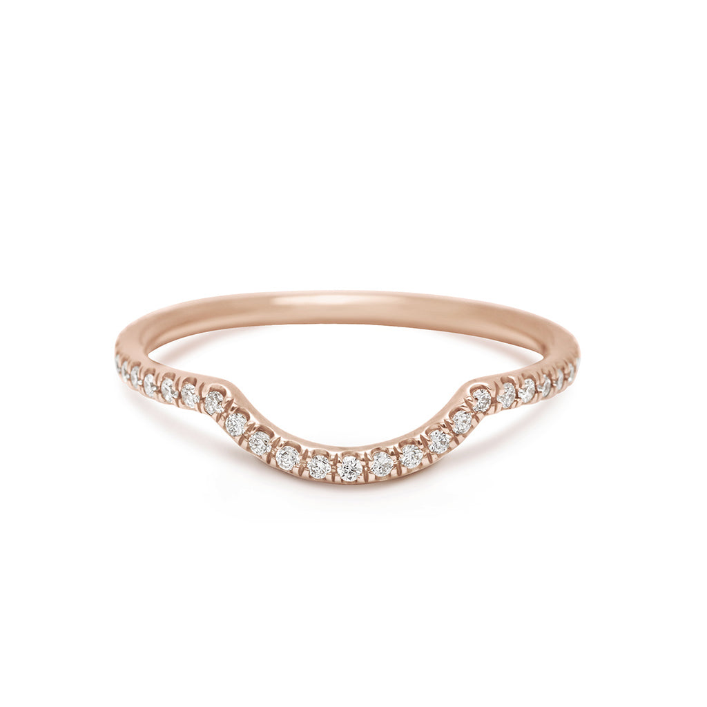 A white diamond scalloped band with dusted white diamond around the band set in rose gold., Rose Gold