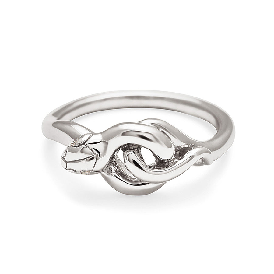 A serpent band with white diamonds for eyes set in white gold., White Gold