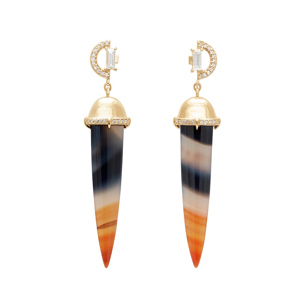 A pair of chalcedony drop earrings with a white diamond arc stud at the top set in yellow gold.