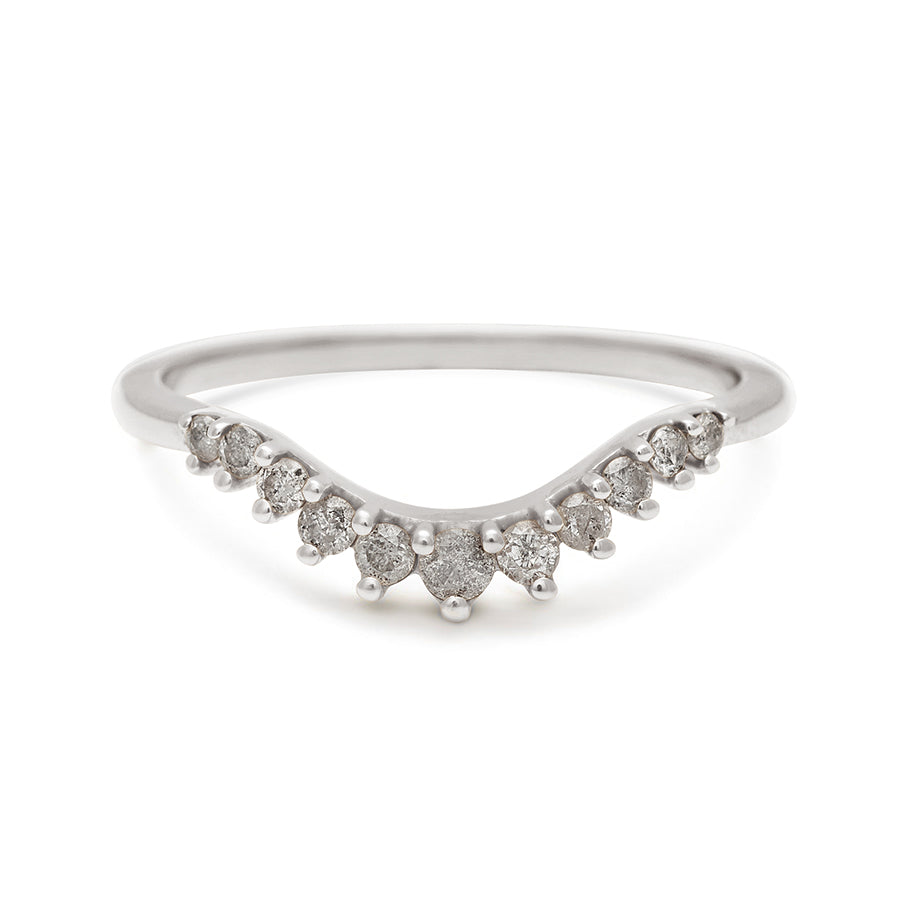 A curved 11 grey diamond band set in white gold., White Gold