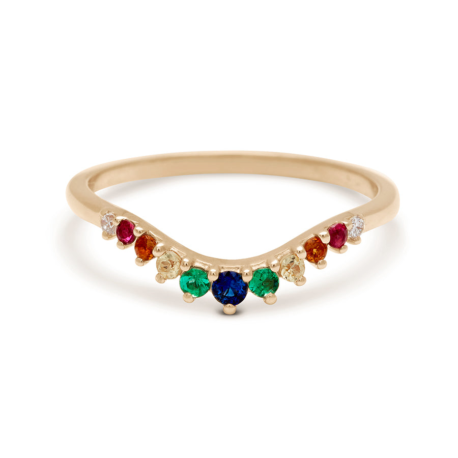 A curved 11 rainbow colored gemstones band set in yellow gold., Yellow Gold