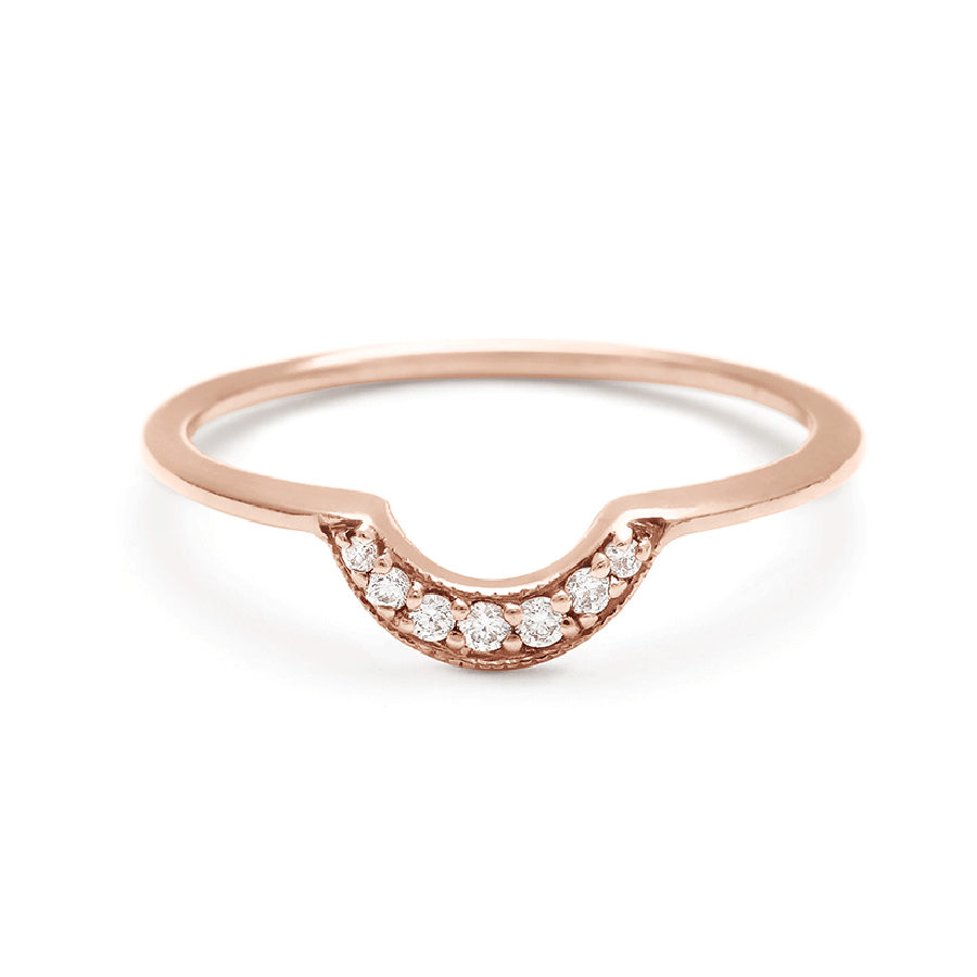 A tiny crescent shaped band with white diamonds set in rose gold., Rose Gold