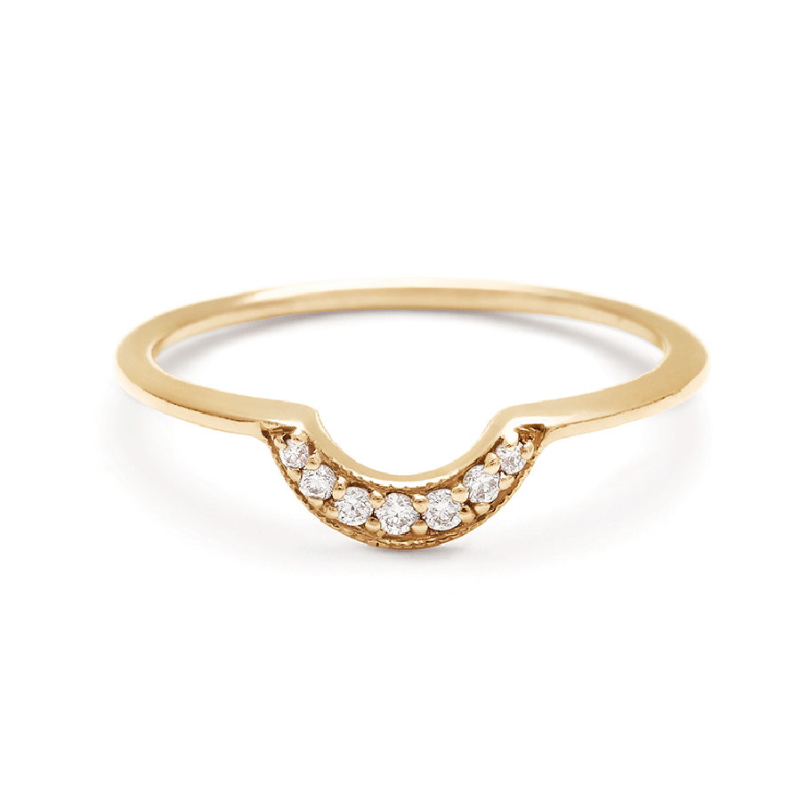 A tiny crescent shaped band with white diamonds set in yellow gold., Yellow Gold