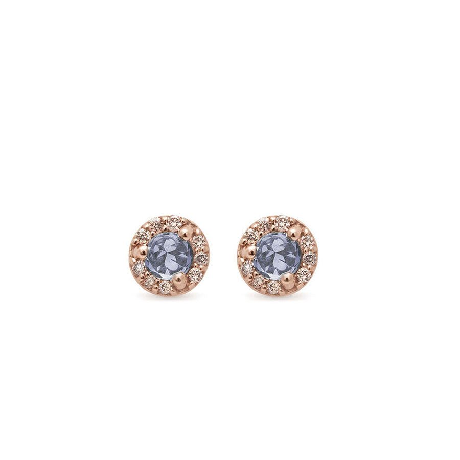 A pair of tiny grey spinel center stone earrings with a halo of white diamond set in rose gold., Rose Gold