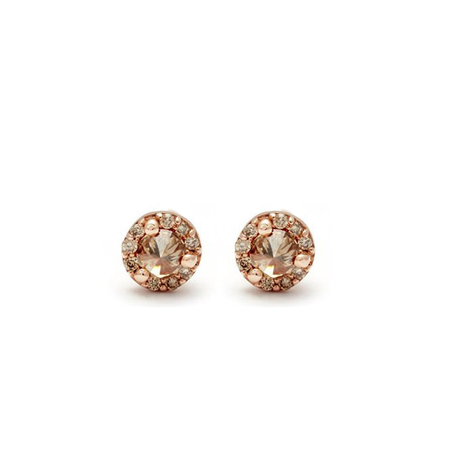 A pair of tiny champagne diamond center stone earrings with a halo of champagne diamond set in rose gold., Rose Gold