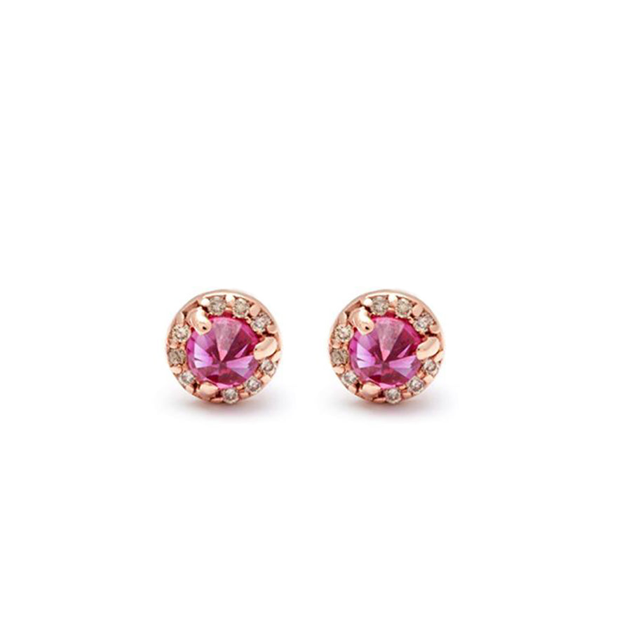 A pair of tiny ruby center stone earrings with a halo of champagne diamond set in rose gold., Rose Gold