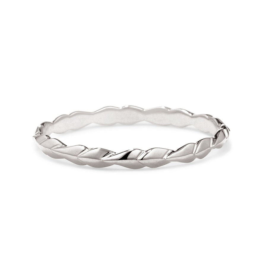 A tiny straight band with leaf like definition set in white gold., White Gold