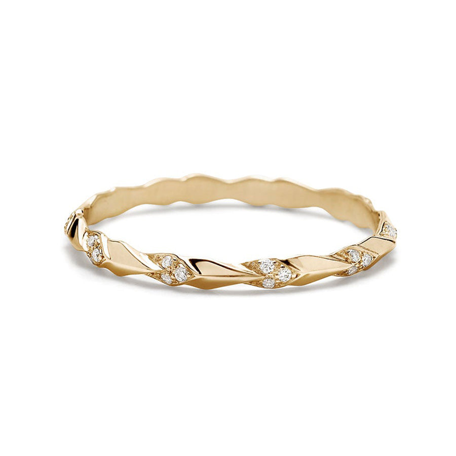 A tiny straight band with leaf like definition with white diamond accent stones set in yellow gold., Yellow Gold