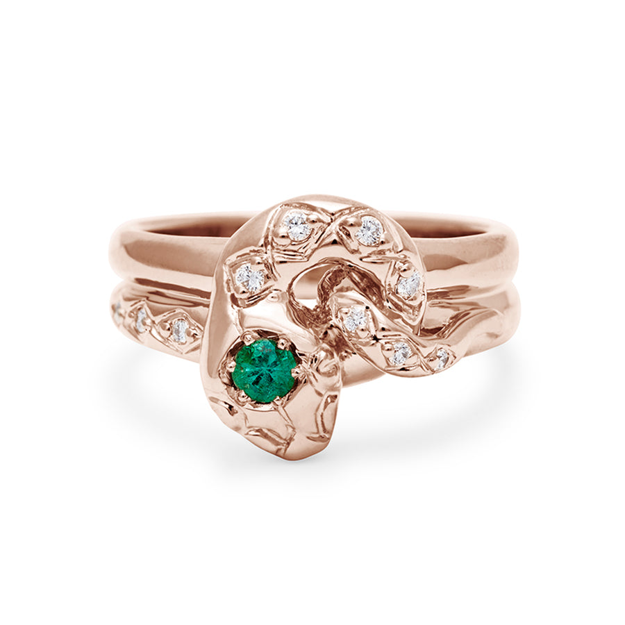 A serpent band with a green emerald center stone and white diamond accent stones around the head of the snake set in rose gold., Rose Gold