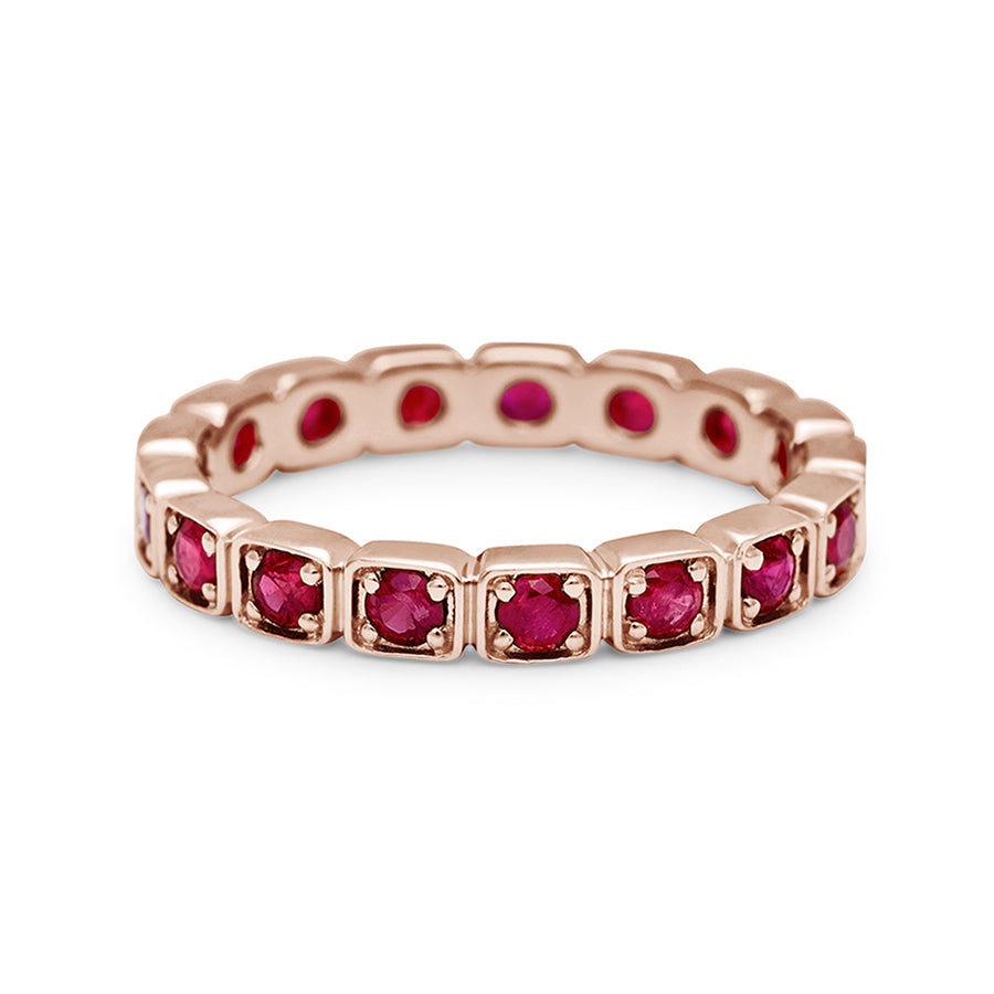 A 3mm straight band with rubies set in eternity around the band set in rose gold., Rose Gold