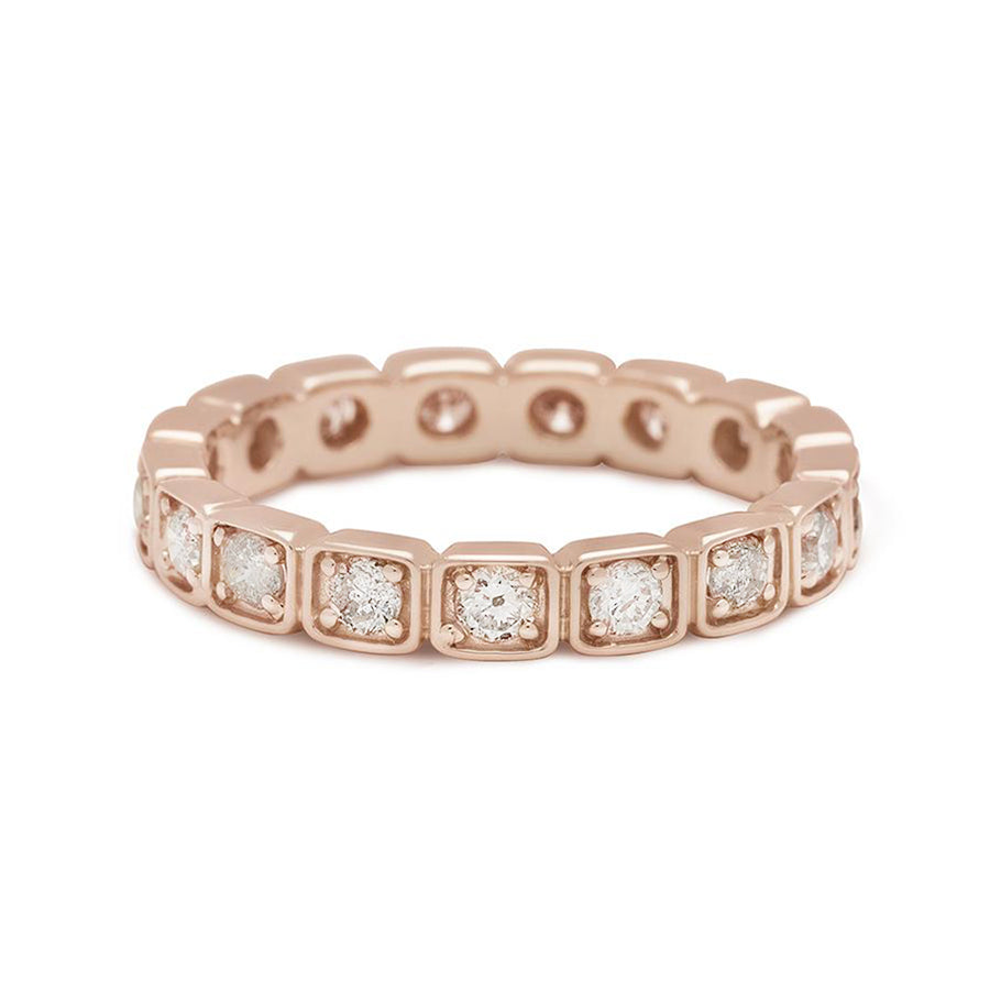 A 3mm straight band with white diamonds set in eternity around the band set in rose gold., Rose Gold