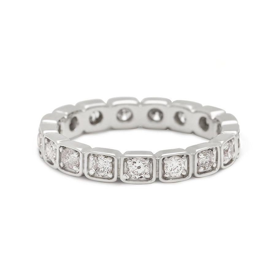 A 3mm straight band with white diamonds set in eternity around the band set in white gold., White Gold