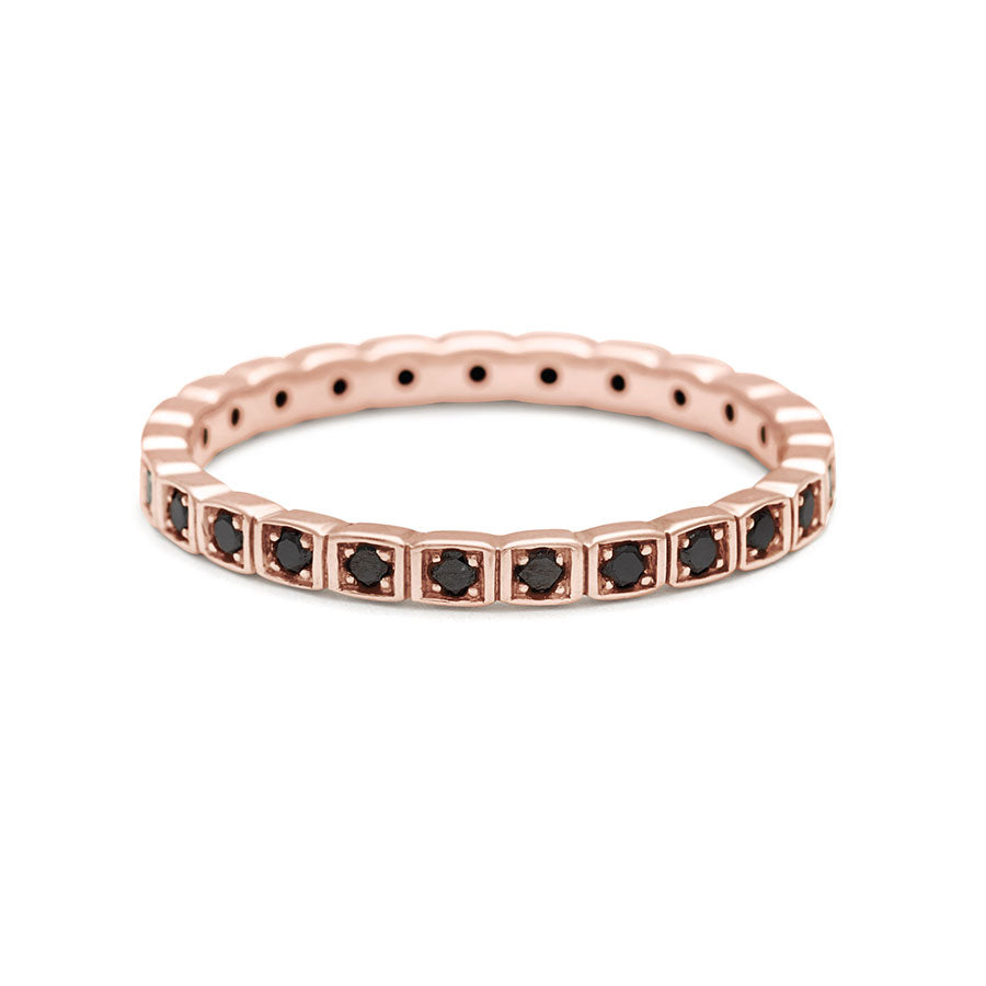 A straight band with black diamonds set in eternity around the band set in rose gold., Rose Gold