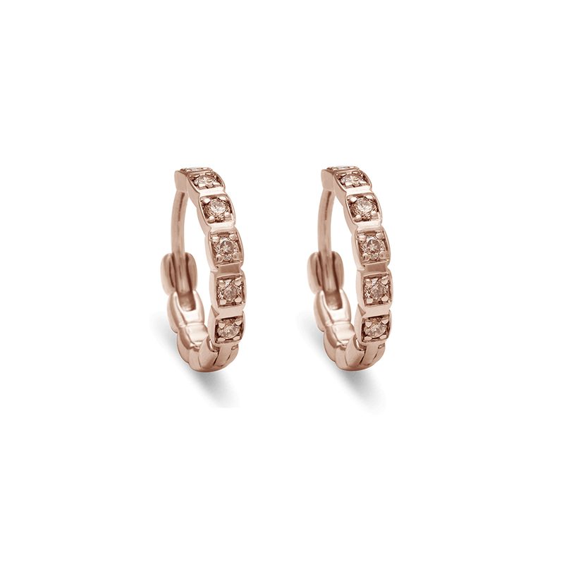 A gold pair of huggie hoops with champagne diamonds set in rose gold., Rose Gold