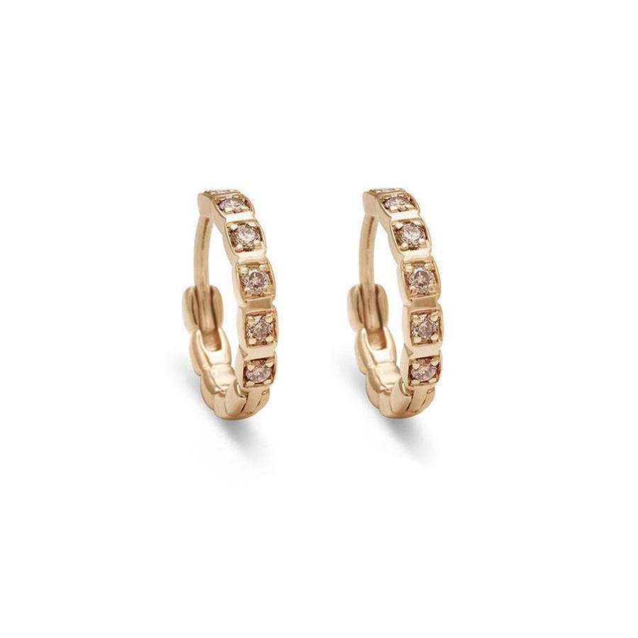 A gold pair of huggie hoops with champagne diamonds set in yellow gold., Yellow Gold