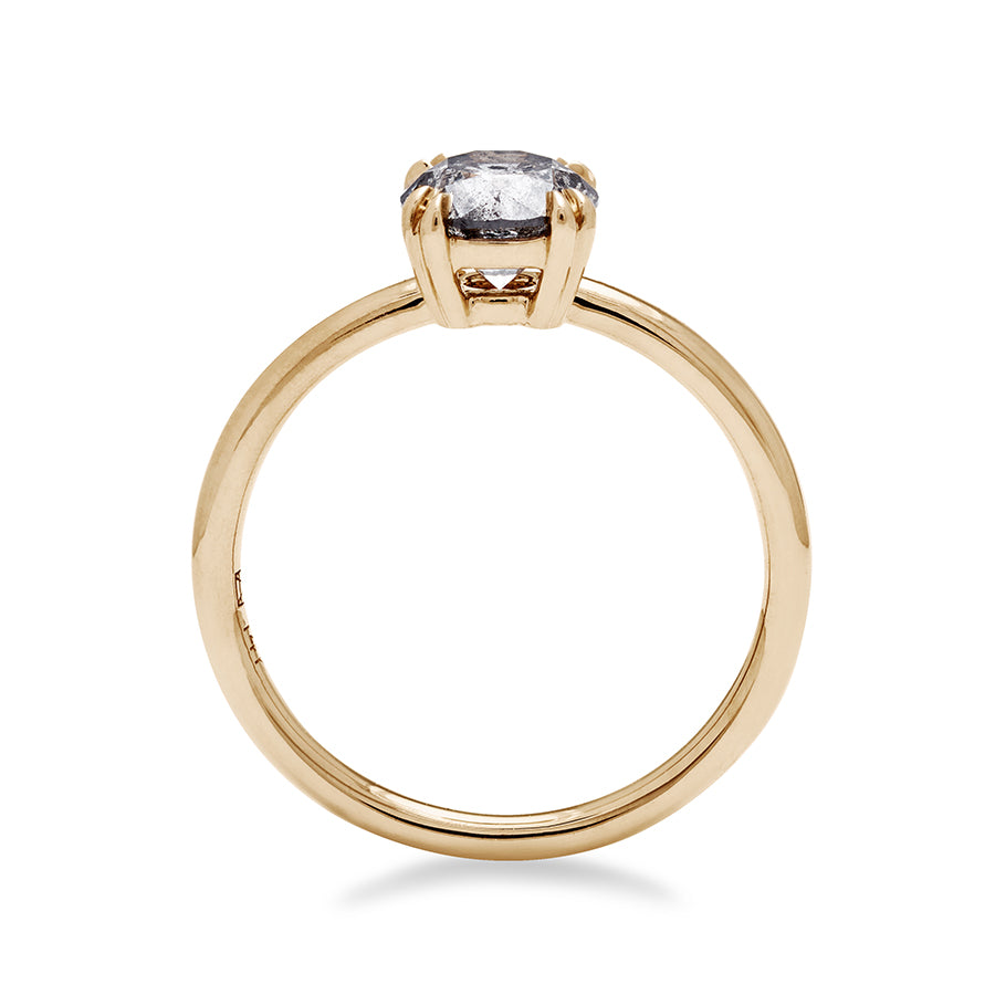 Side view of a solitaire round 1.00ct grey diamond ring with double claw prongs set in yellow gold., Yellow Gold