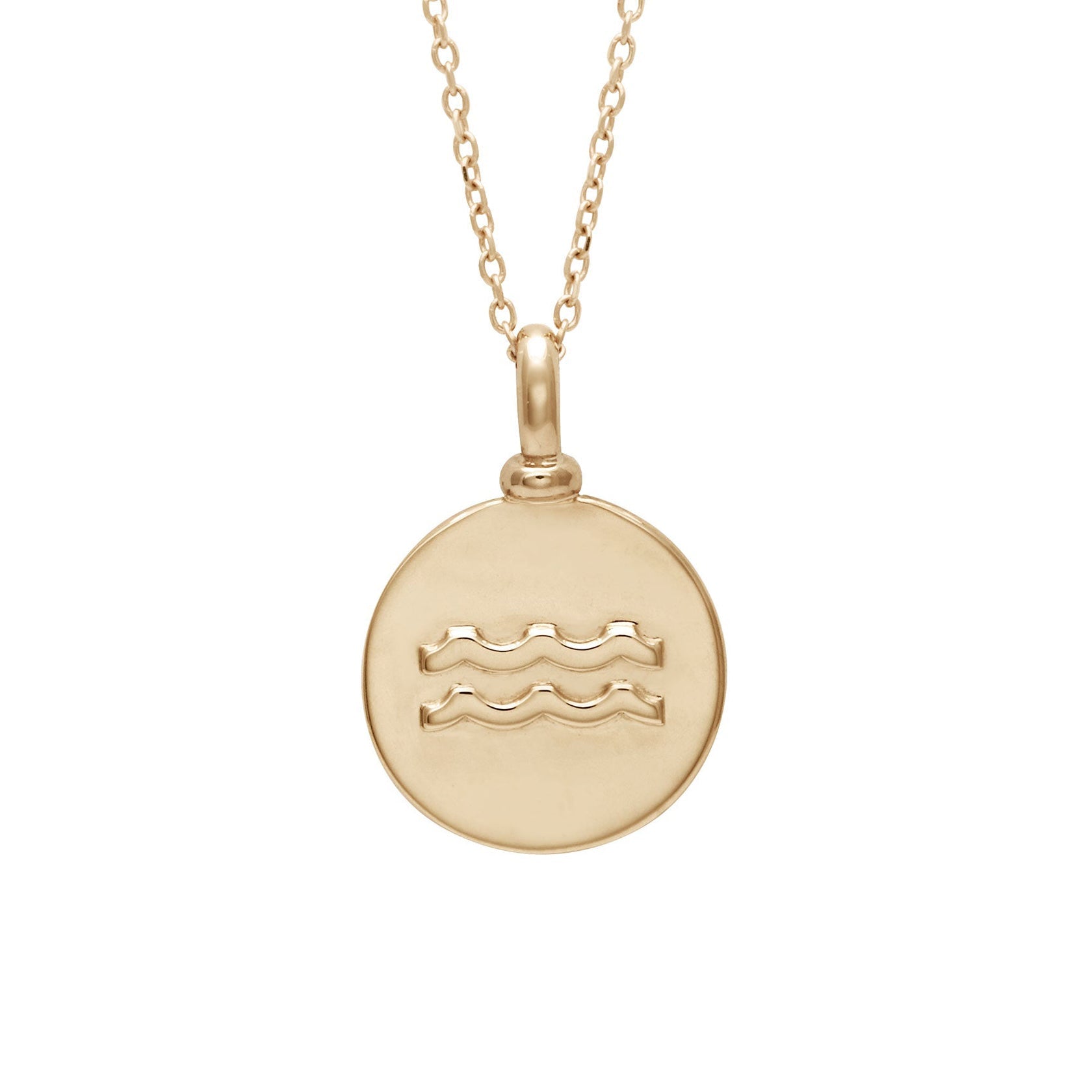 A 14mm charm with the Aquarius zodiac sign set in yellow gold on a yellow gold chain.