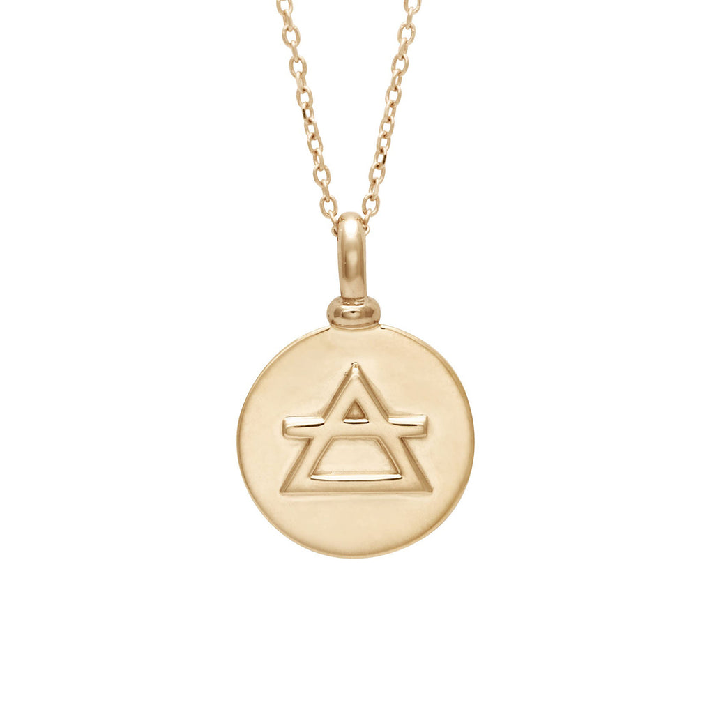 A 14mm charm with the air element sign set in yellow gold on a yellow gold chain.
