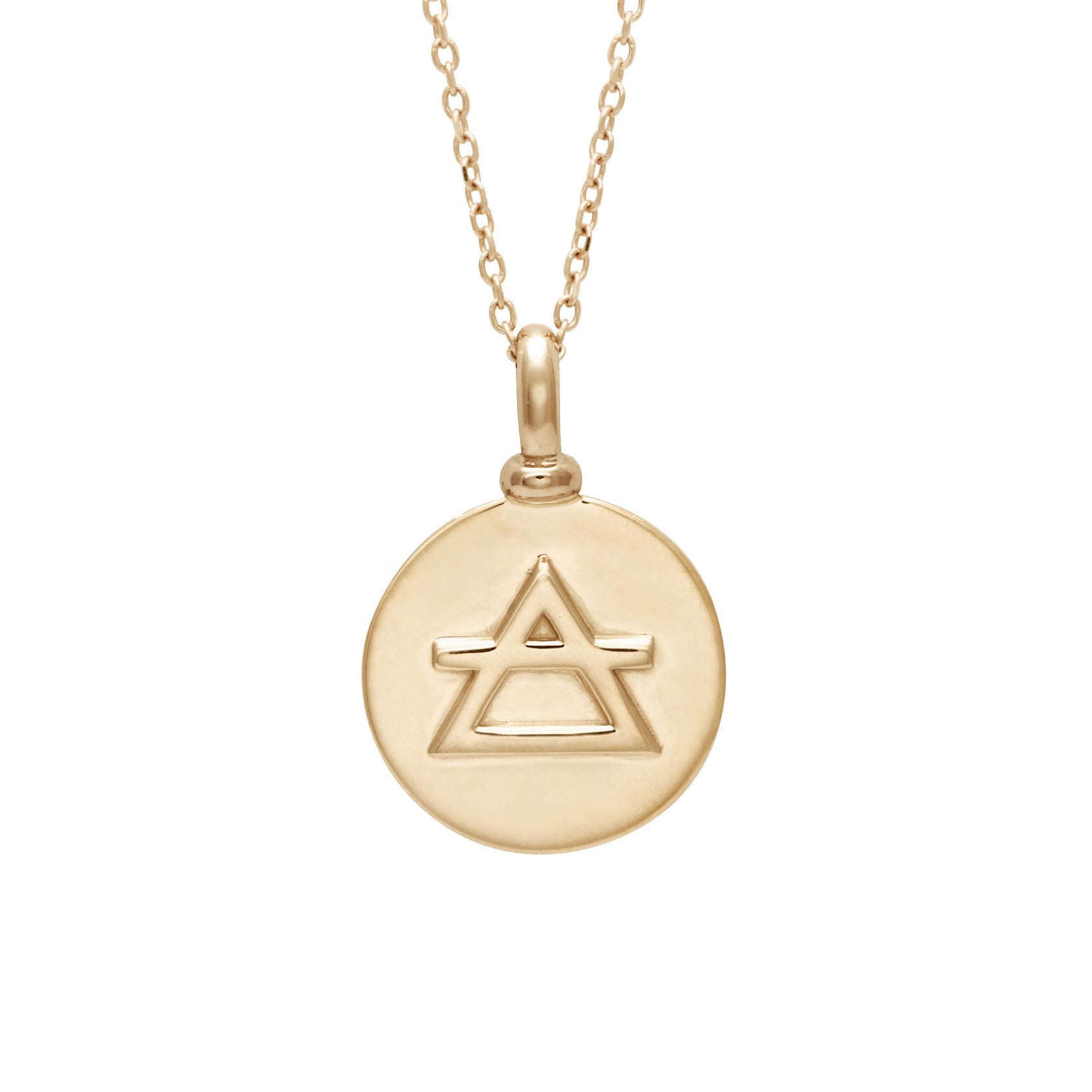 A 14mm charm with the air element sign set in yellow gold on a yellow gold chain.