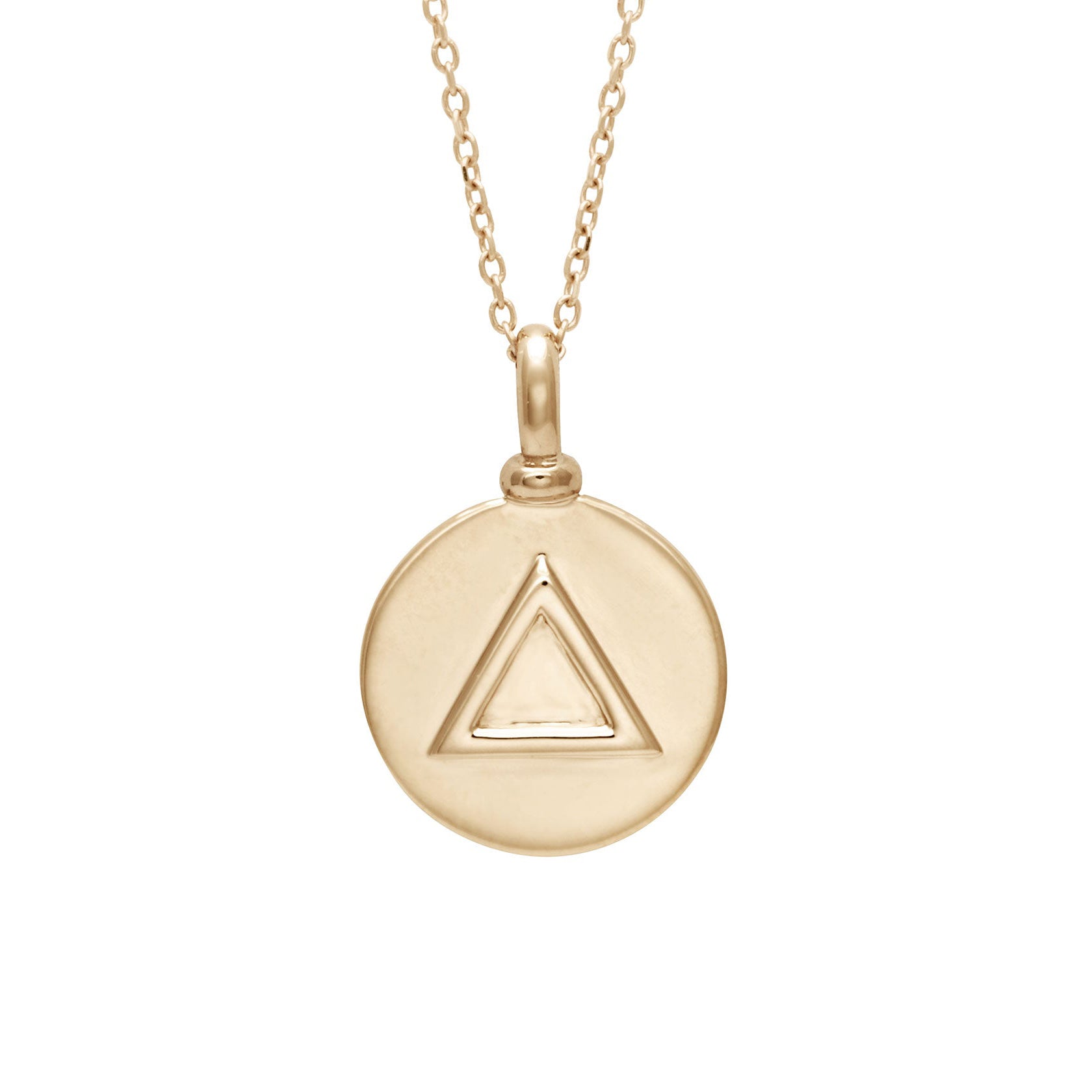 A 14mm charm with the fire element sign set in yellow gold on a yellow gold chain.