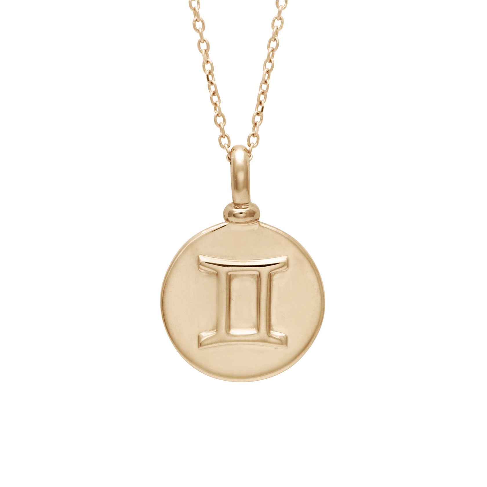 A 14mm charm with the Gemini zodiac sign set in yellow gold on a yellow gold chain.