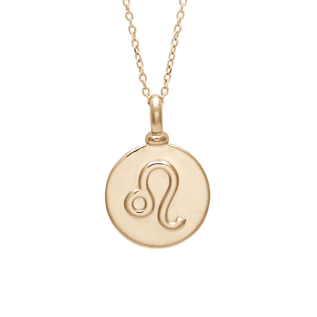 A 14mm charm with the Leo zodiac sign set in yellow gold on a yellow gold chain.