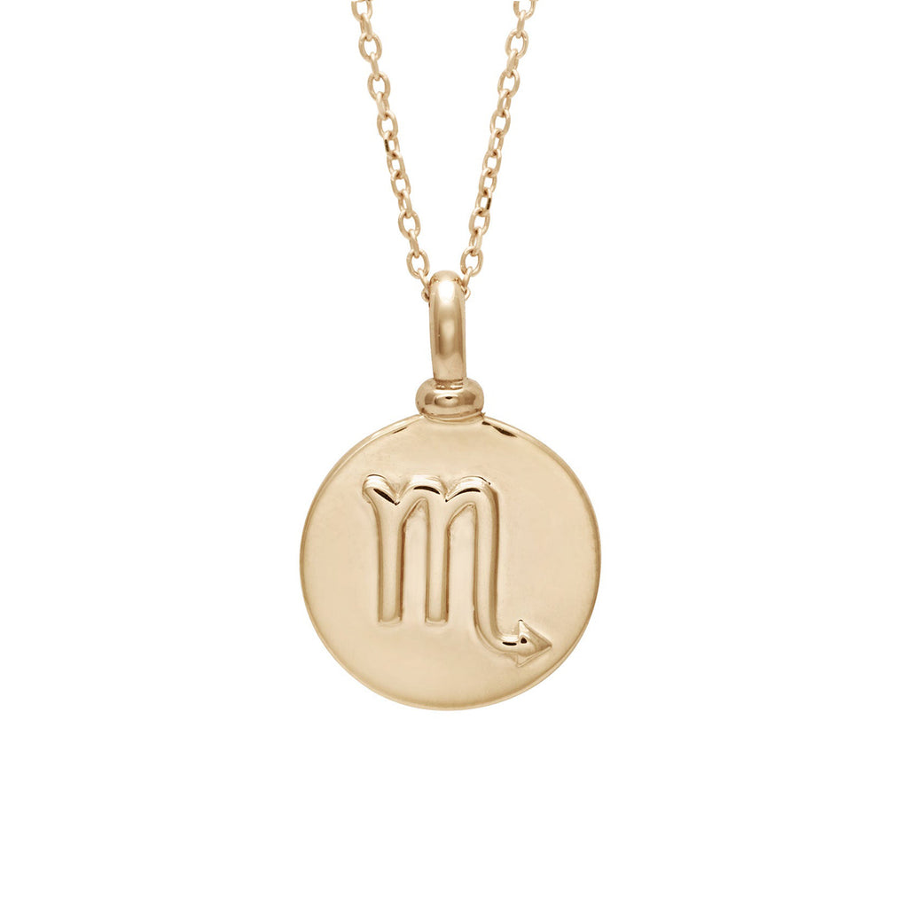 A 14mm charm with the Scorpio zodiac sign set in yellow gold on a yellow gold chain.
