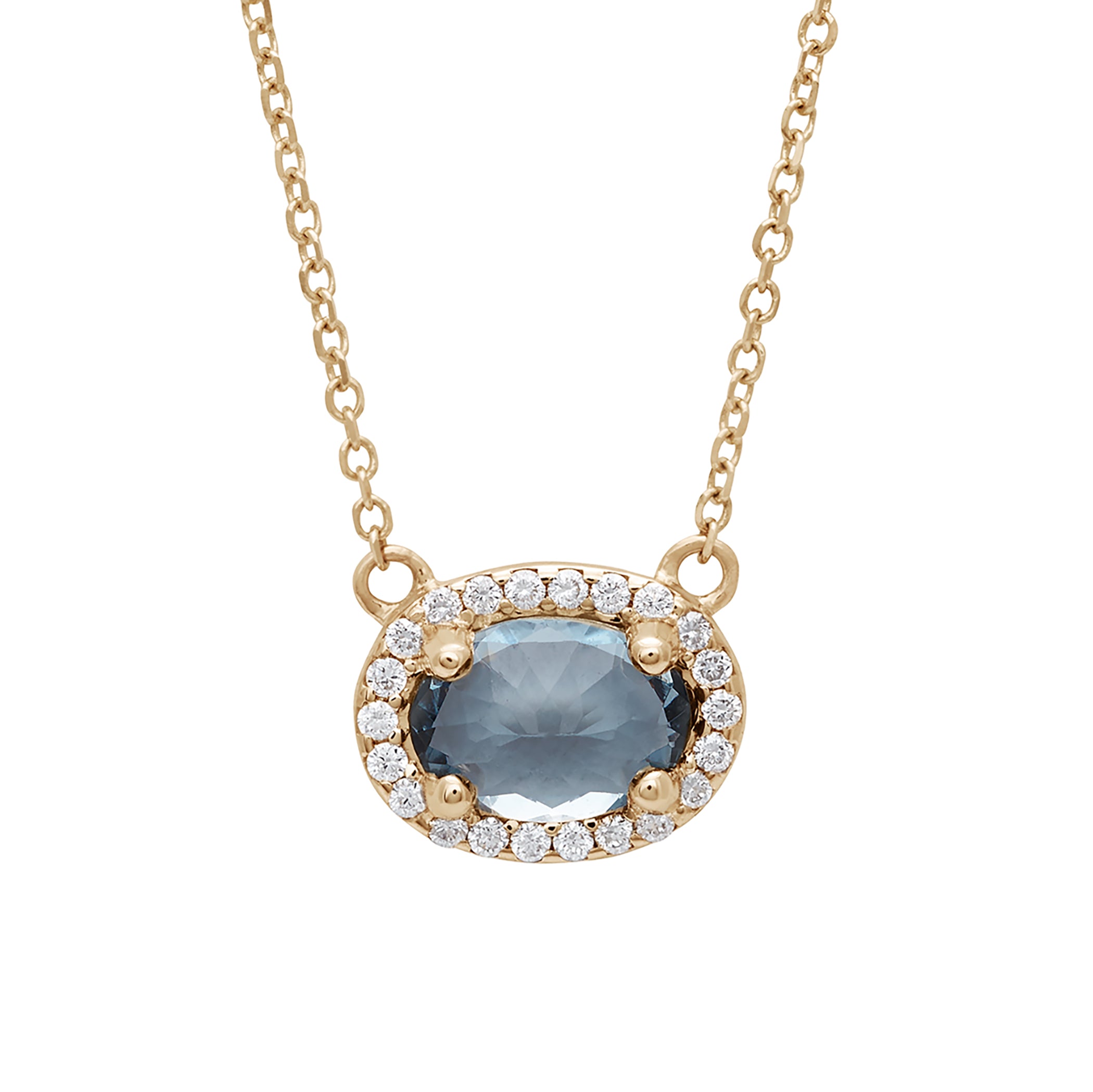 A necklace with an oval shape grey spinel center stone surrounded by a white diamond pave halo set in yellow gold on a yellow gold chain., Yellow Gold
