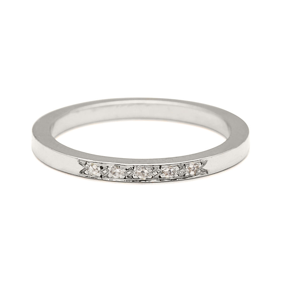 A flat band with 5 white diamonds set in the center in white gold., White Gold