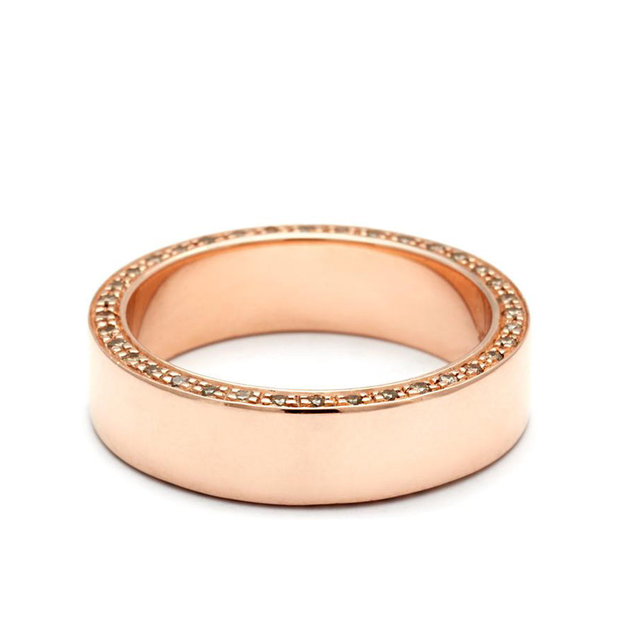 A 5mm flat band with champagne diamond accents around the band set in rose gold., Rose Gold