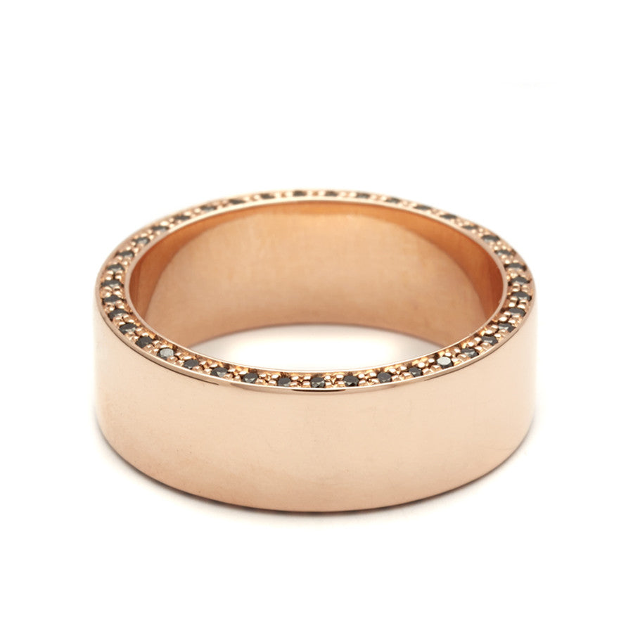A 7mm flat band with black diamond accents around the band set in rose gold., Rose Gold